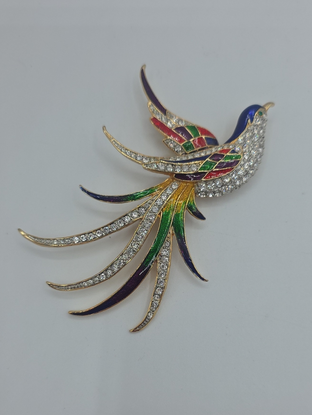 Large Colorful Enamel & Crystal Bird Brooch Pin Vintage